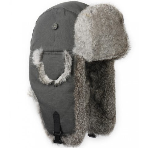 Canvas Bomber Hat with Grey Rabbit Fur
