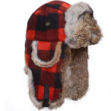Plaid Wool Bomber Hat with Brown Rabbit Fur