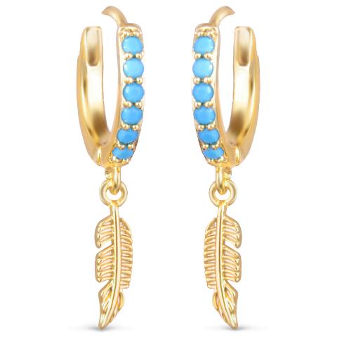 Blue Stone Huggie Feather Droplet Earrings