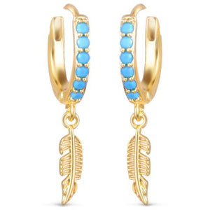 Blue Stone Huggie Feather Droplet Earrings