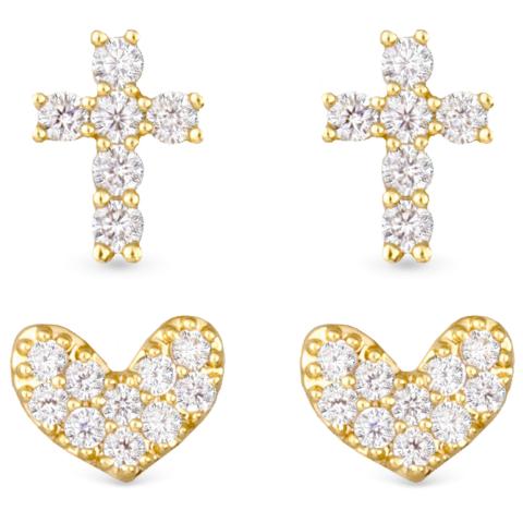 Pave Cross & Heart Duo Earring Set