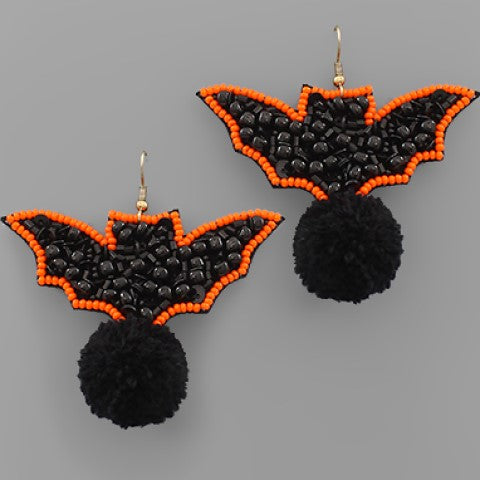 Beaded Bat & Pom Earrings