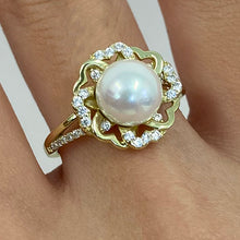 Pave Flower Pearl Split Band Ring