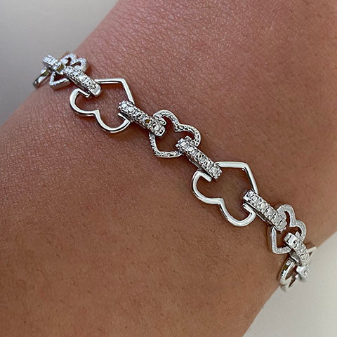 Cubic Zirconia Heart Bar Link Bracelet