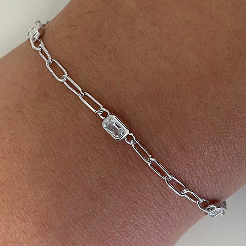 5 Cubic Zirconia Rectangular Link Chain Bracelet