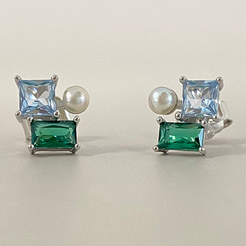 Square & Rectangle Cubic Zirconia & Pearl Stud Earrings