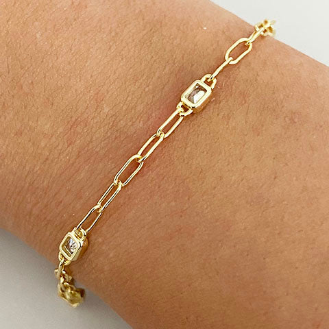 Emerald Cut Bezel Paper Clip Bracelet