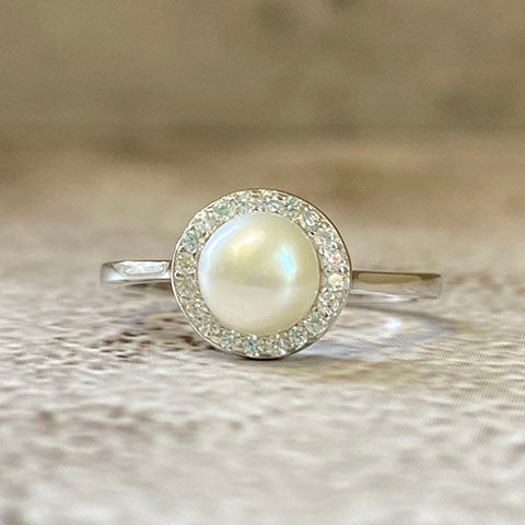 Pearl Cubic Zirconia Halo Ring