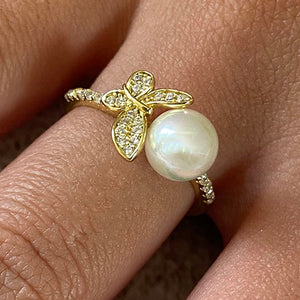 Pave Butterfly & Pearl Ring