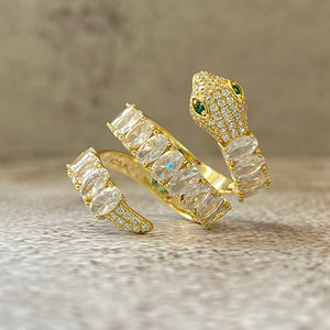 Baguette Snake with Cubic Zirconia Emerald Open Ring