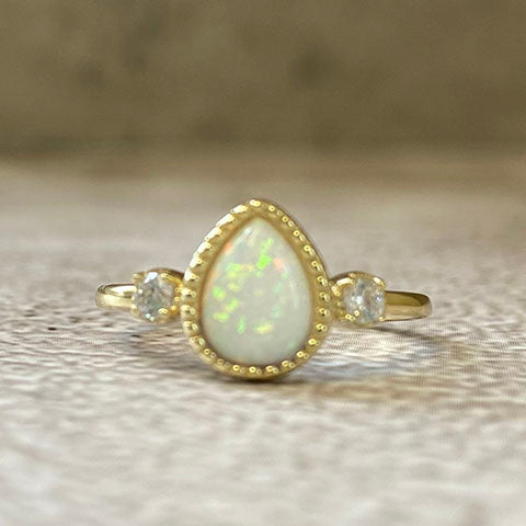 Opal Teardrop with 2 Cubic Zirconia Ring