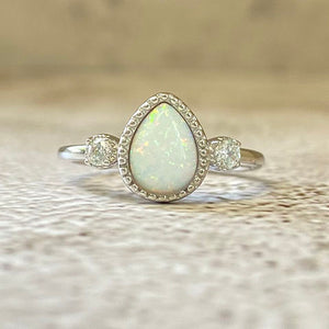 Opal Teardrop with 2 Cubic Zirconia Ring