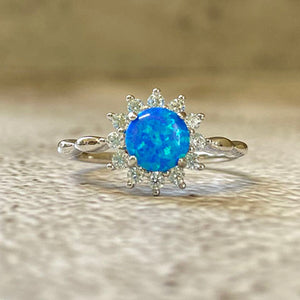 Round Opal Sunburst Halo Ring