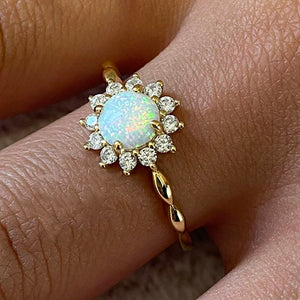 Round Opal Sunburst Halo Ring