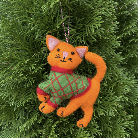 Orange Cat in Sweater Wool Ornament