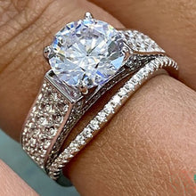 Solitaire 2-Row Cubic Zirconia Inset Ring with Pave Wave Band