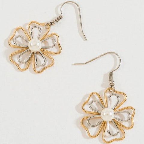 Flower and Pearl Pendant Earrings