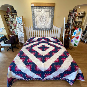 Pink, White & Blue Log Cabin Quilt with Flowers