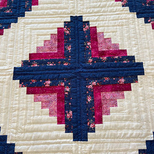 Pink, White & Blue Log Cabin Quilt with Flowers
