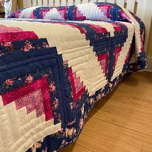 Pink, White & Blue Log Cabin Quilt with Flowers