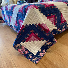 Pink, White & Blue Log Cabin Quilt with Flowers